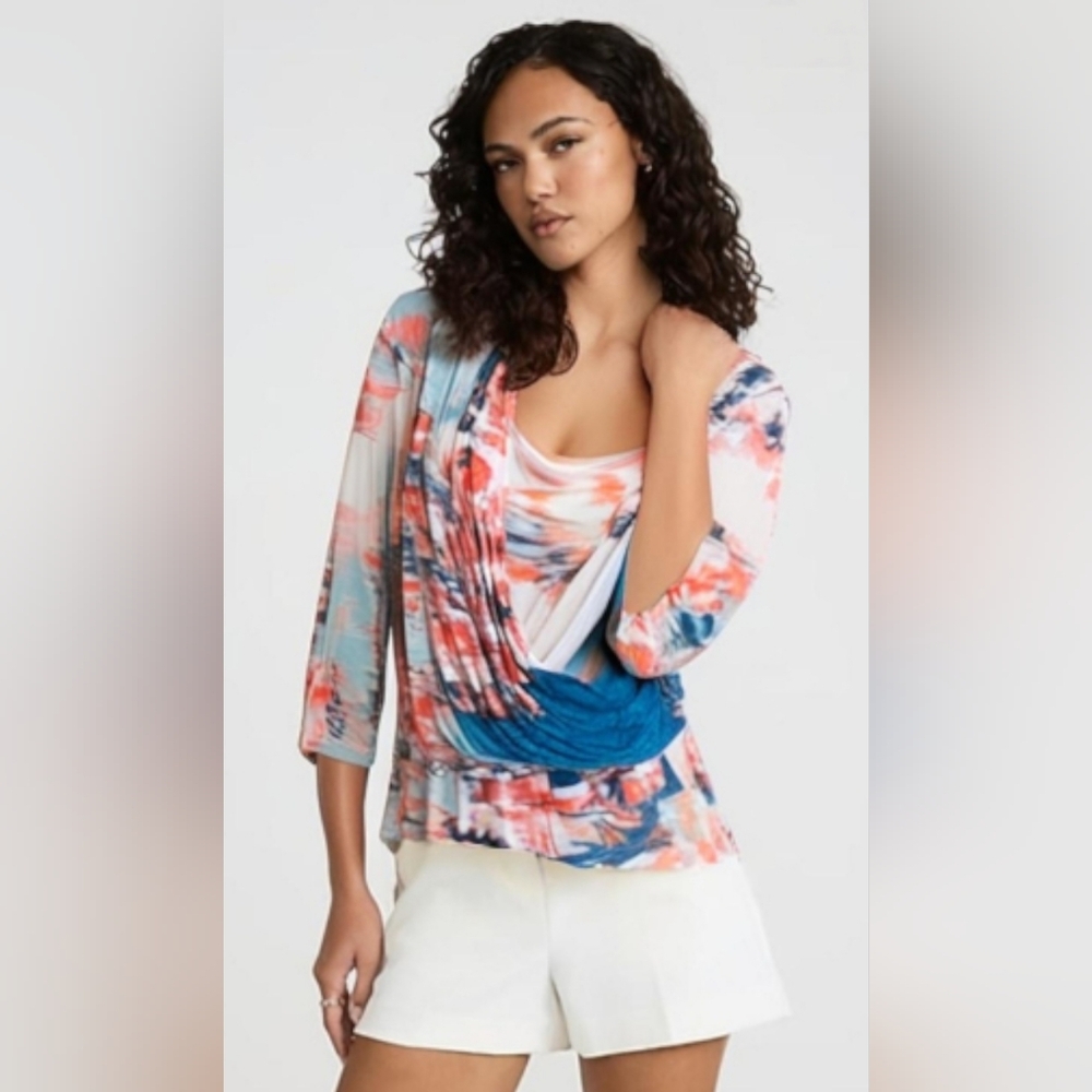 Jennifer Lopez Multi-Color Wrap Front Floral Layered Top